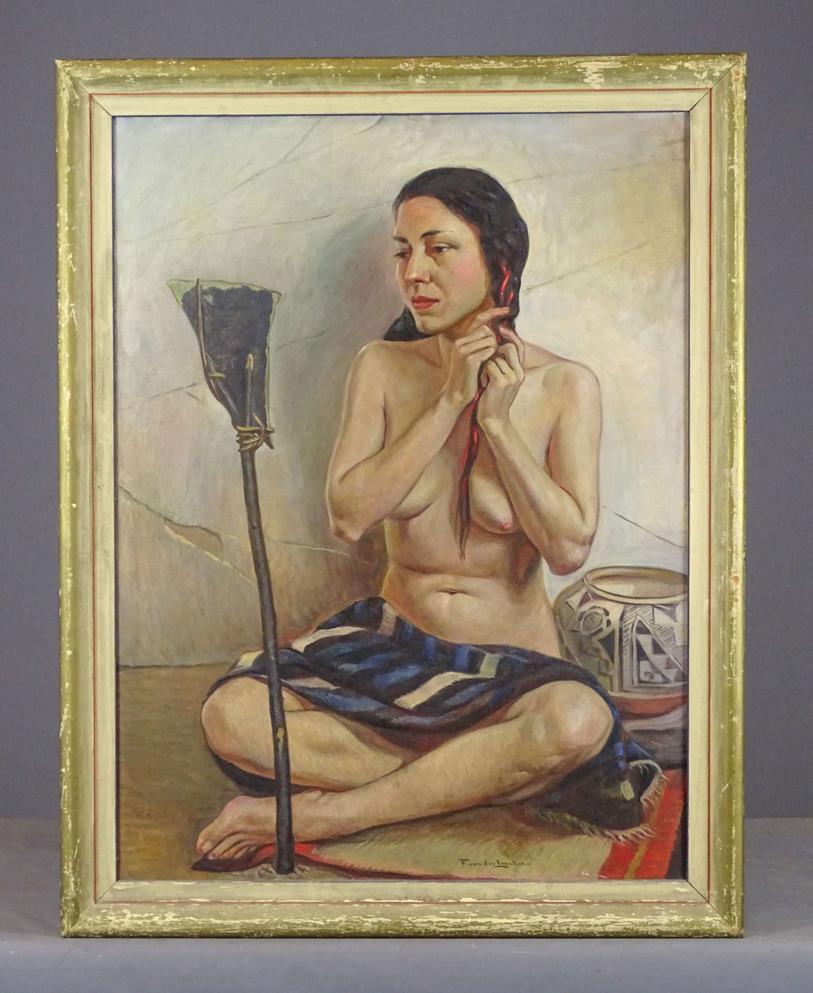 Frank Von der Lancken (1872-1950): Painting: Frank Von der Lancken (1872-1950), Seated Native American Indian Woman, oil on canvas. Original frame, 36" x 27". EX COLL; estate of the artist, until 1982.