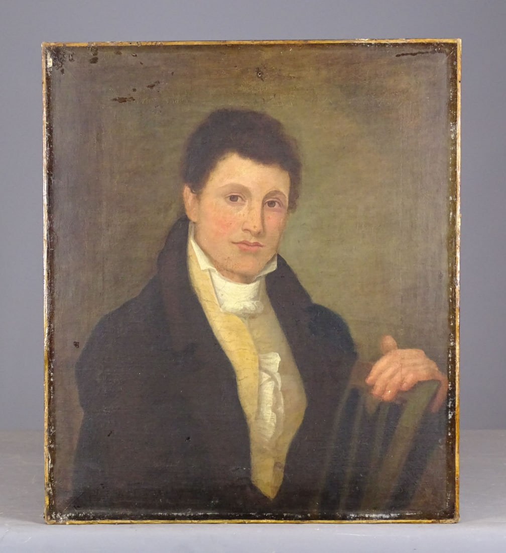 Painting: 19th c. American School Portrait: Painting: 19th c. American School portrait of Mr. George Hendree, about 1815. Oil on canvas, unframed, 29" x 25".