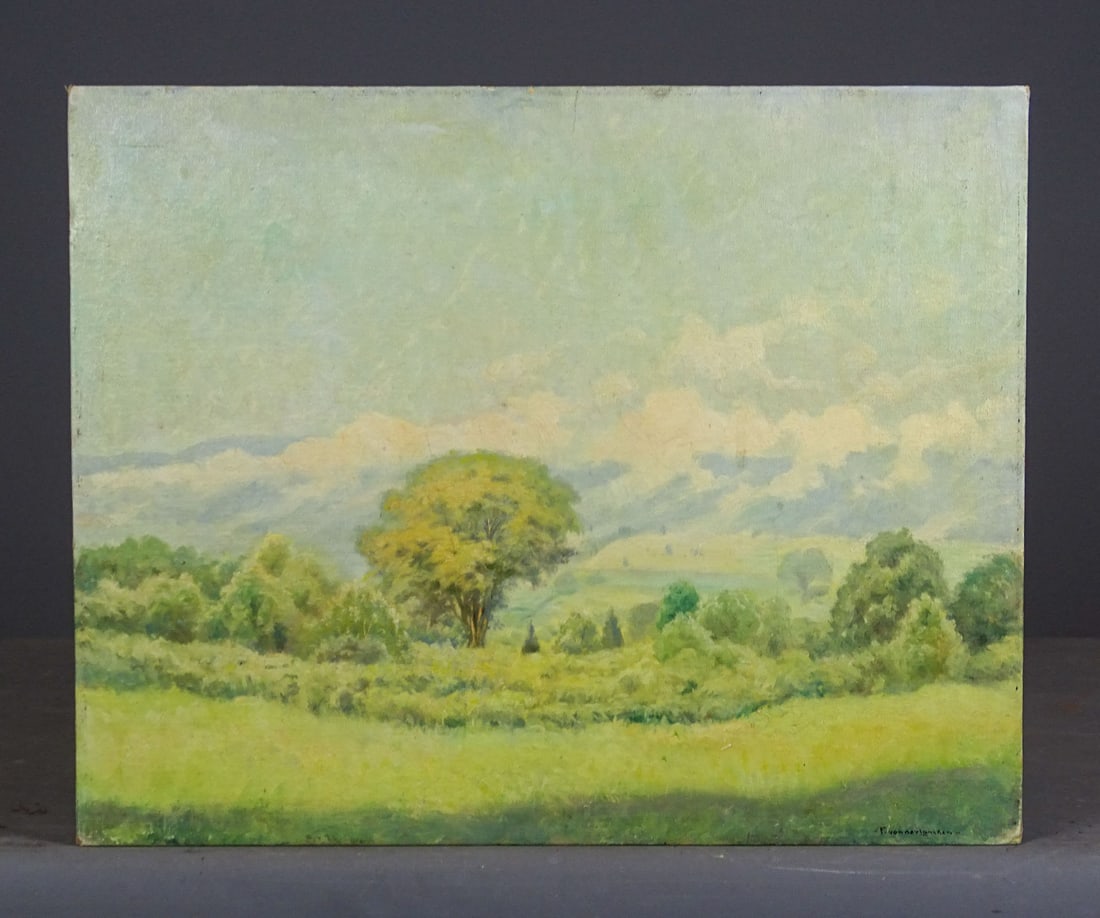 Frank Von der Lancken (1872-1950): Painting: Frank Von der Lancken (1872-1950), "Morning Mist", 1940, oil on canvas board. Unframed. 16" x 20".