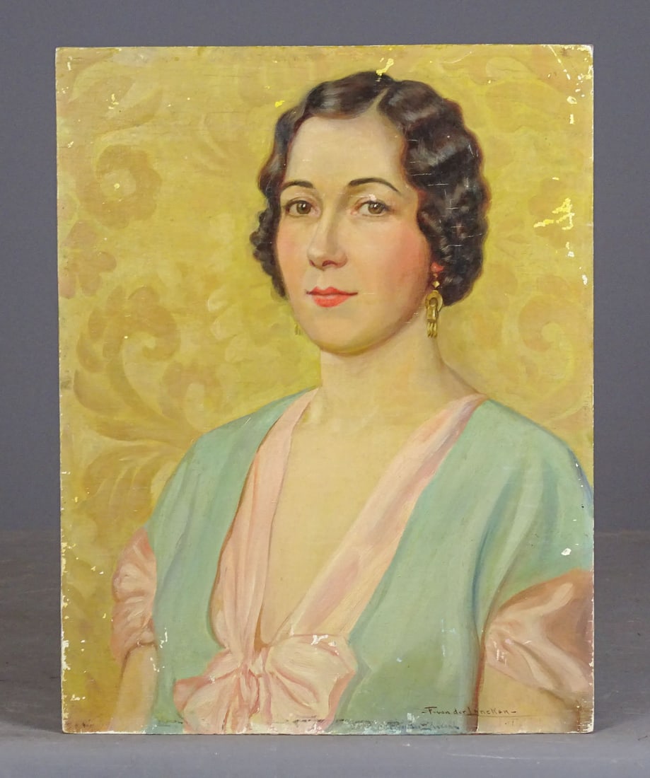 Frank Von der Lancken (1872-1950): Painting: Frank Von der Lancken (1872-1950), portrait of Eunice (Mrs. John Shleppy), oil on wood panel. Unframed 18" x 14".