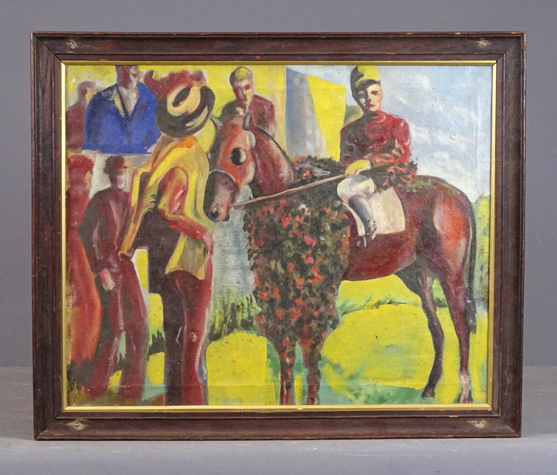 Painting: C. 1920's Jockeys in the Winners Circle: Painting: C. 1920's Jockeys at the Winners Circle. Oil on canvas. 17" x 21", overall 19" x 23".