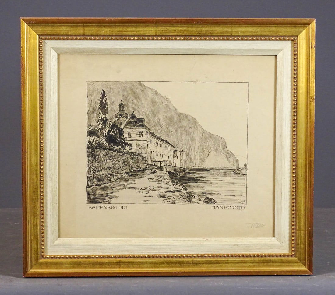 German School Pencil & Ink: German School: "RATTENBRG 1921 / JANKO OTTO". Pencil and ink. Overall in frame 18" x 20".