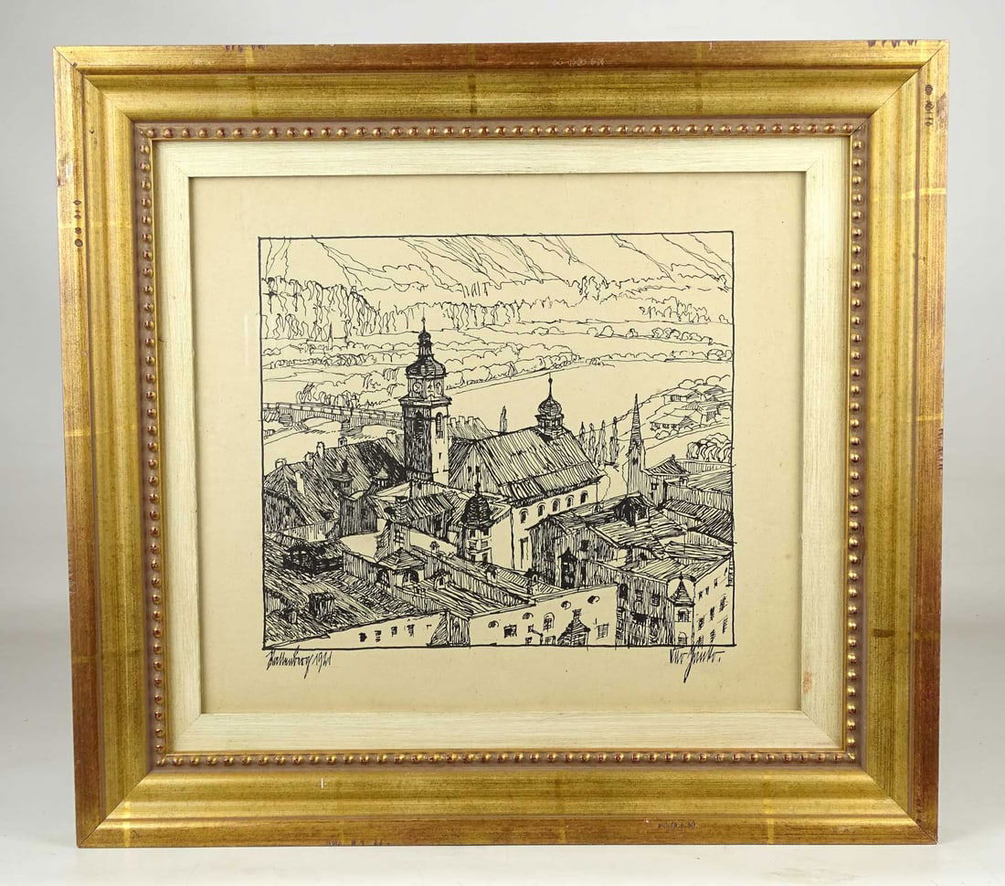 German School Pencil & Ink: German School: Pencil and ink cityscape signed "Janko Otto". Overall in frame 18 1/2" x 20".