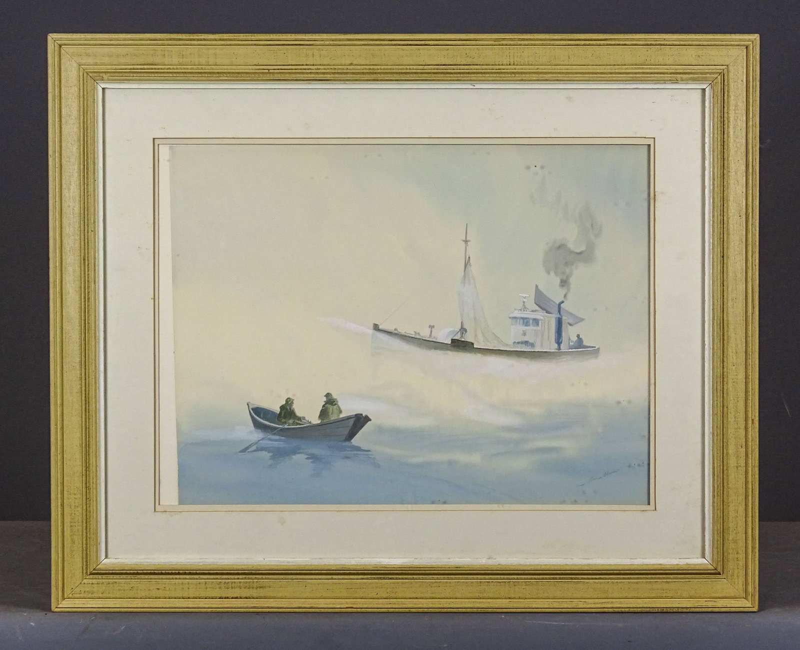 Mina-Mora Watercolor: Mina-Mora watercolor seascape. Info verso. Overall in frame 26 1/2" x 32".