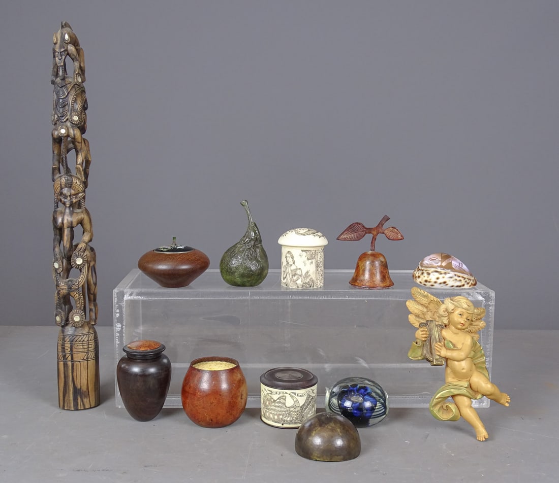 Misc. Lot: Lot including African wooden carving (19" L.), plastic containers in the style of bone, bronze pear (4 1/2" Ht.), paperweight (signed), decorated shell, composition Angel etc..