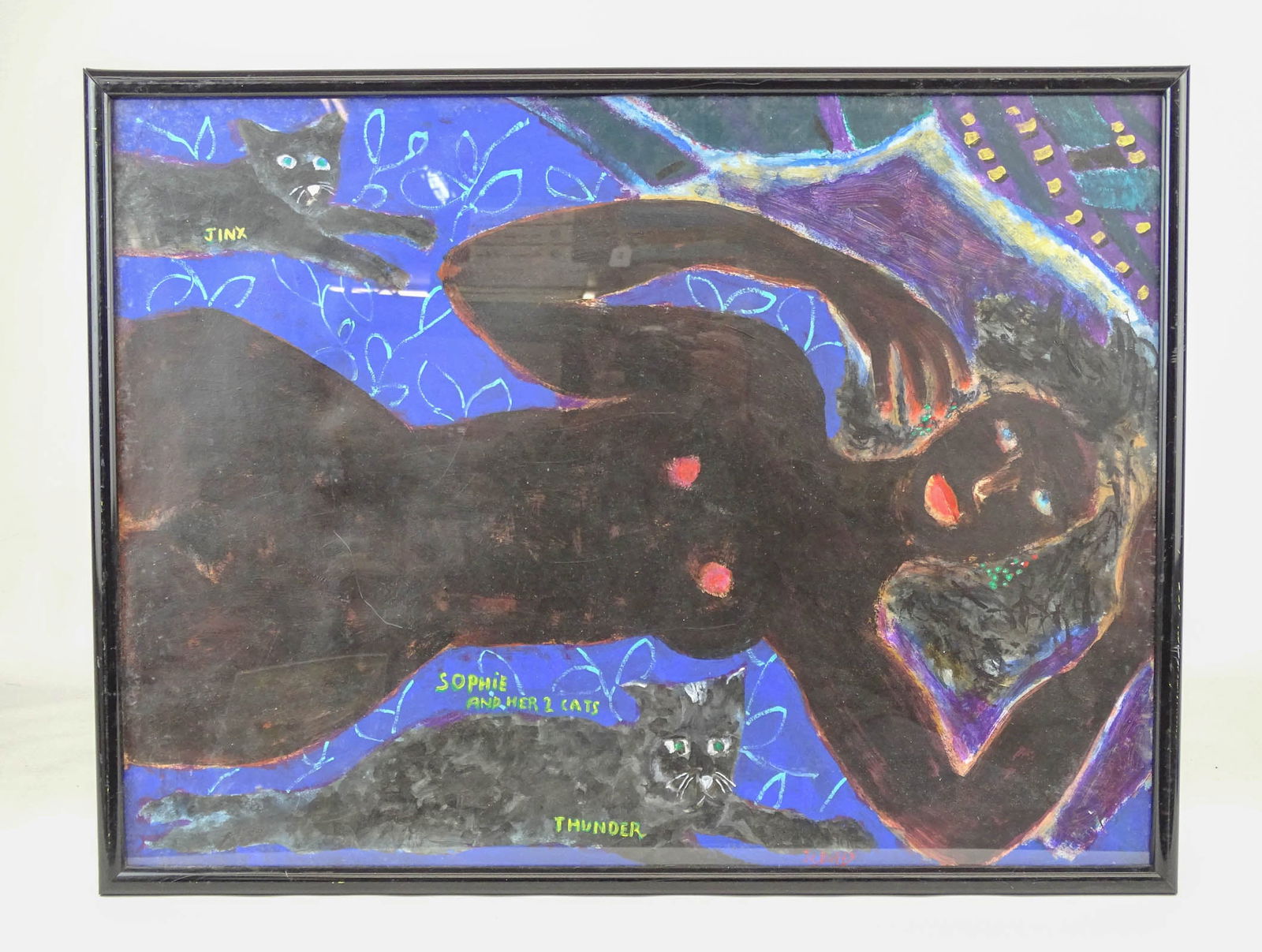 Jr. Duffy Acrylic: Jr. Duffy, acrylic on paper, "Sophie and her 2 cats". 25" x 19".