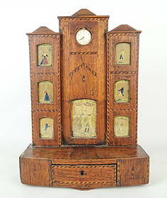 19th. c. Church Form Watch Hutch: Early 19th c. watch hutch, church form with barber pole inlay, early water color portraits. Prov. Wetmore Collection. 12 1/4" x 4", 17 1/2" ht.