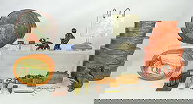 Misc. Lot: Misc. lot: 19th c. cast iron ball in hand door knocker (5 1/2"), cast iron elephant bottle opener, cast iron paperweight, (3) printing blocks, paint decorated pantry box (7 3/4" dia.), paint decorated