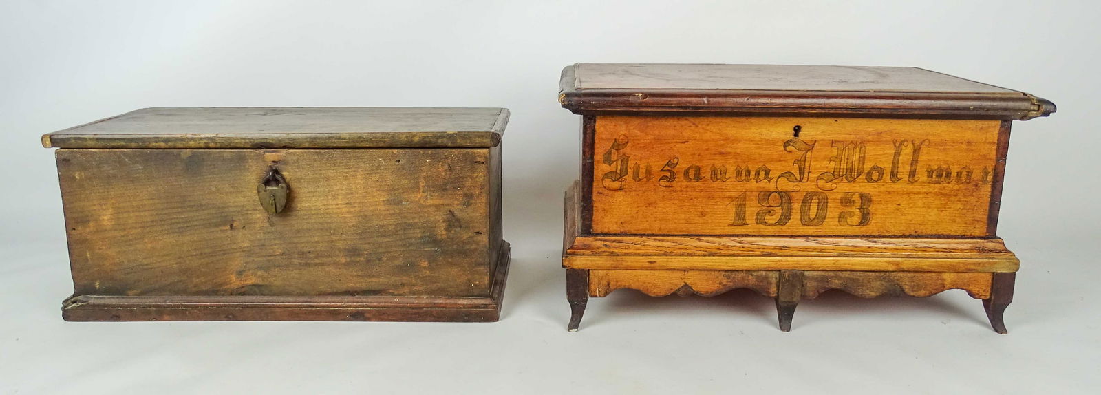 Box Lot: Lot: box on base ("Susanna F. Wollman 1903", as is), box with early lock.