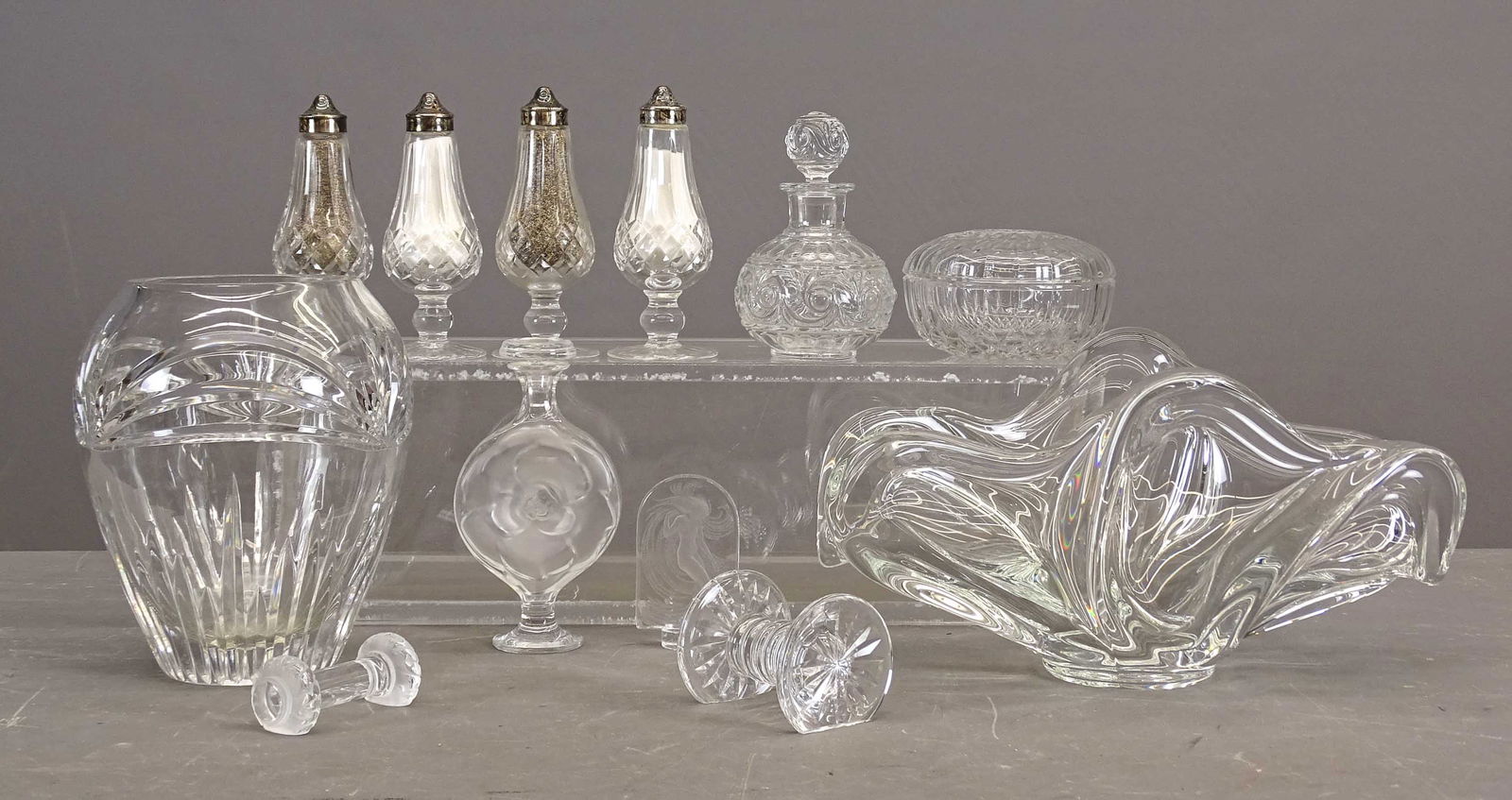 Signed Glass Collection: Collection signed clear glass (12 pieces) including: Waterford, Lalique, Baccarat, and more.