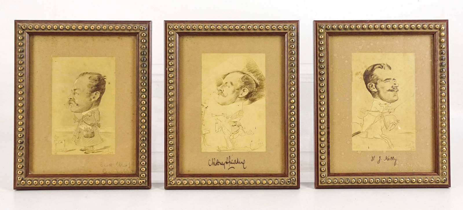 Marcel Pic Caricature Lot: (3) Marcel Pic caricatures, 1894. V.J. Kelly, Scott-Elliot, and Rodney (?). Sight 5 1/2" x 7 1/2", 7" x 9" overall.