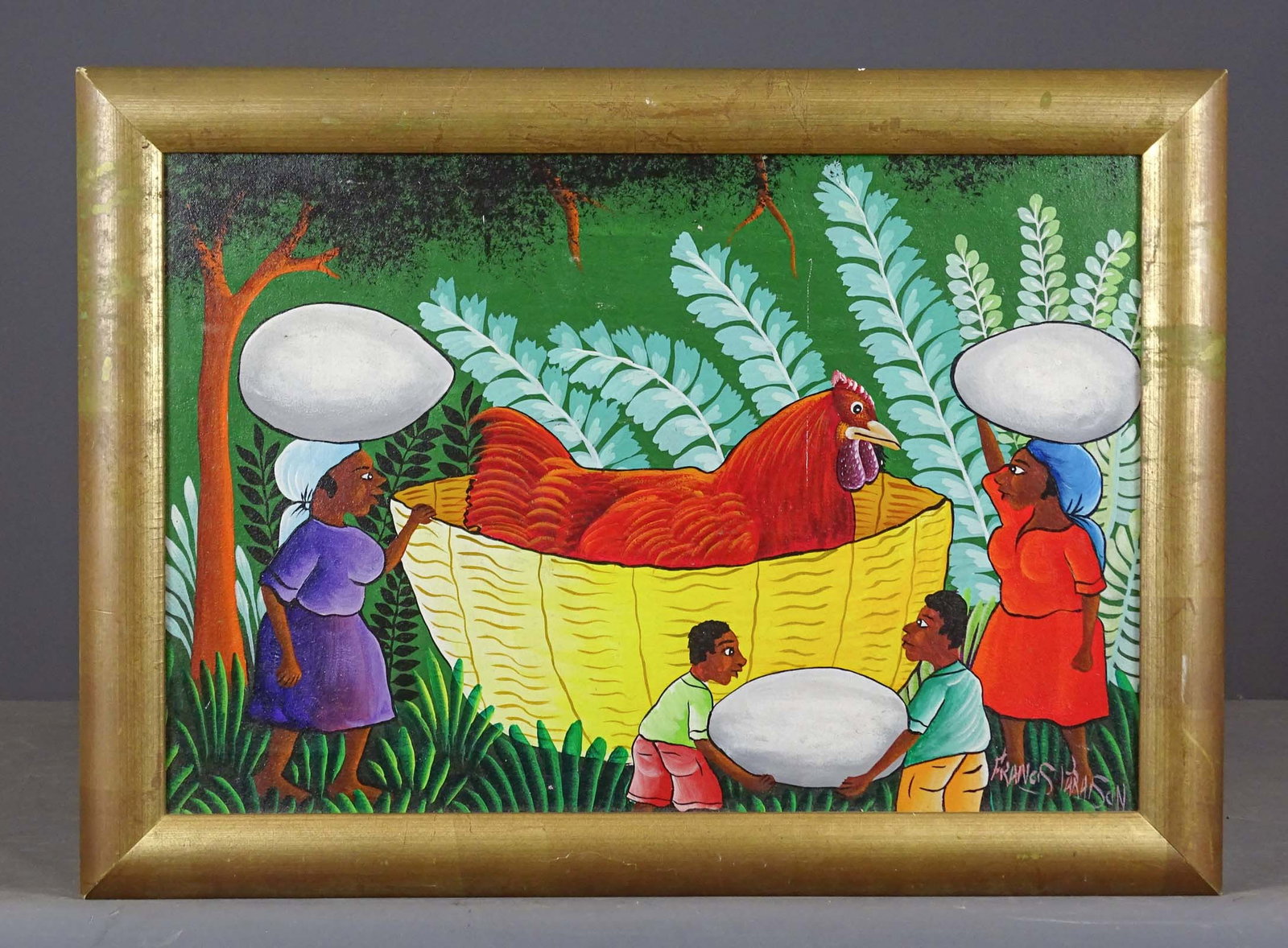 Haitain Oil Painting: Hatian oil on canvas painting, signed Francis Parason (?). Frame 18 1/2" x 25 1/2".