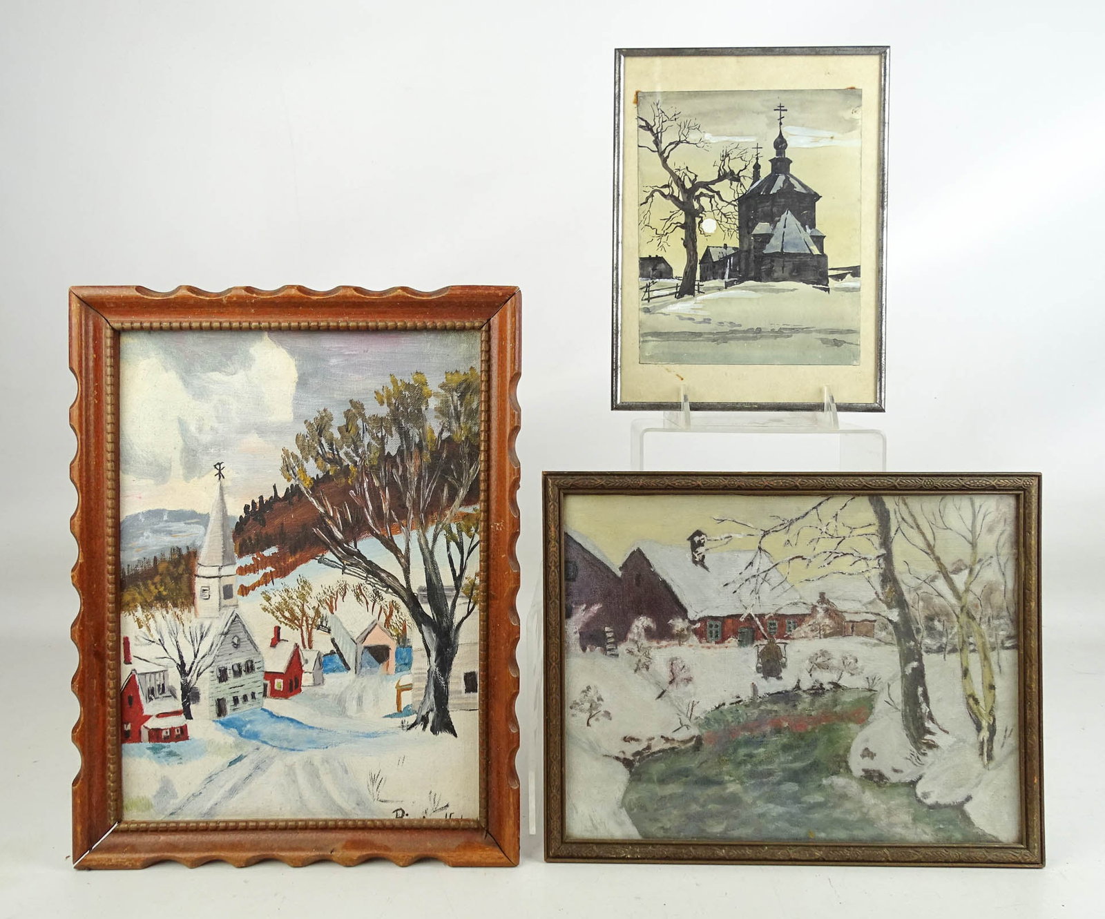 Art Lot: Art lot: Winter village landscape (signed Richard Foley, frame 13" x 10"), Russian winter landscape with church (9 1/2" x 7"), winter landscape with woman fetching water (frame 9 1/4" x 11 3/4").