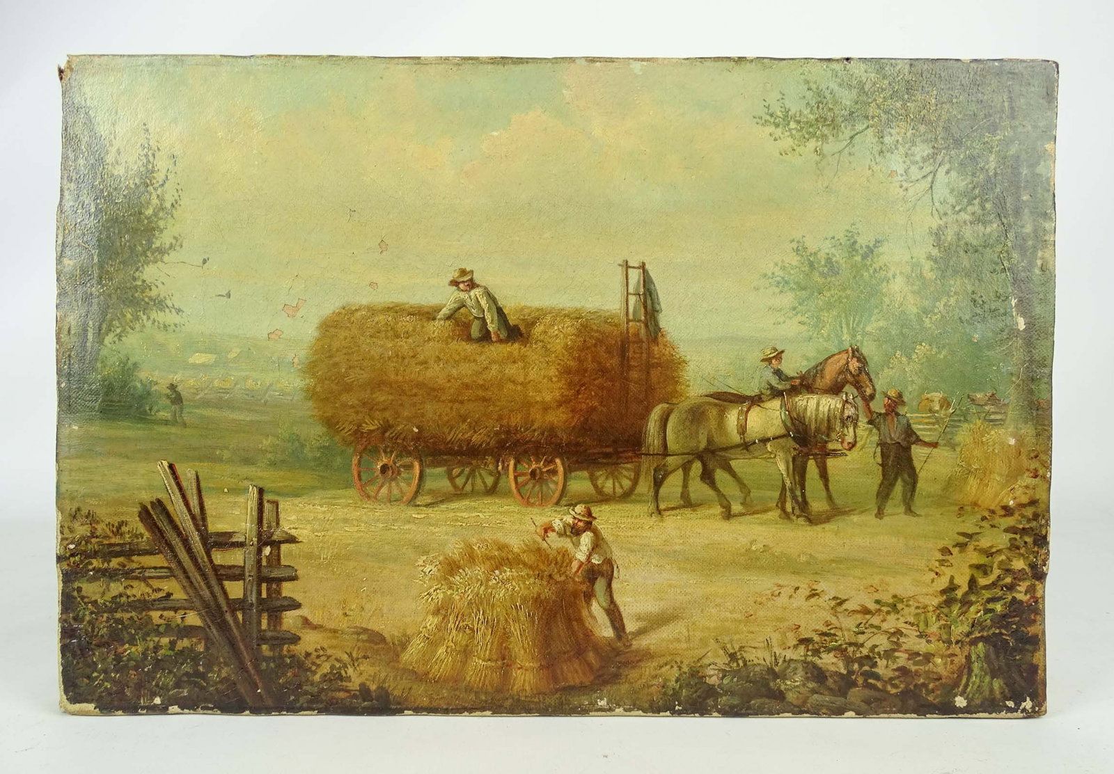 Painting: 19th c. Farmers: Painting: 19th c. farmers in landscape. Unframed. 10" x 15". Some losses.