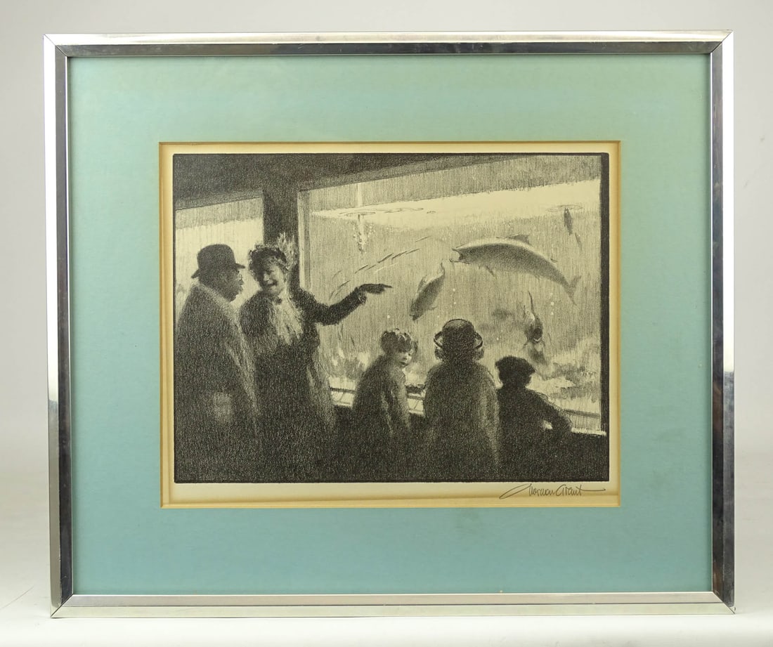Gordon Grant (1875-1962): The Aquarium. Lithograph, signed lower right by Gordon Grant. Family viewing various fish. Associated American Artists, c. 1948. Overall in frame 17" x 20"