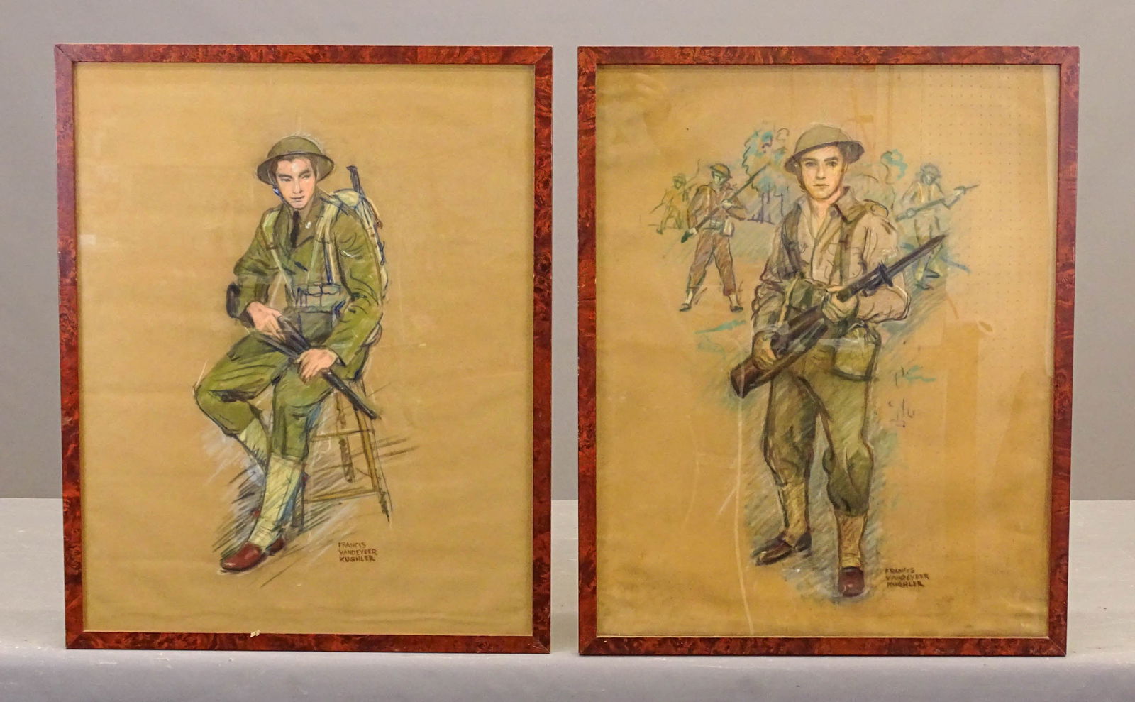 Francis Vandeveer Kughler (1901-1970): Pair of pastel drawings, each of a young man American army solider in uniform and helmet and holding a rifle. Signed lower right Francis Vandeveer Kughler. Each overall in frame 26" x 21".