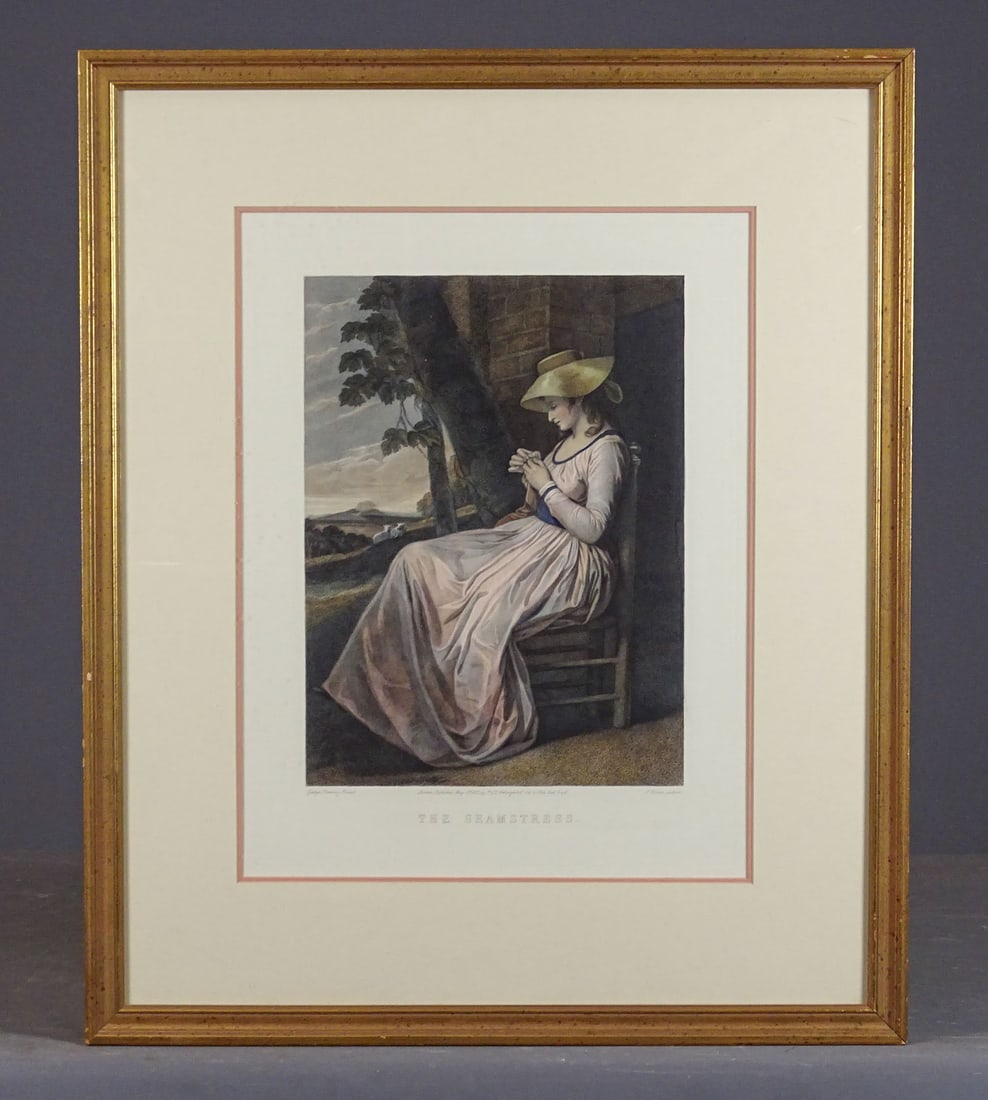 George Romney Engraving: George Romney, "The Seamstress" restrike engraving from original mezzotint (J. Brown 1882), hand colored. 26 3/4" x 22 1/4".