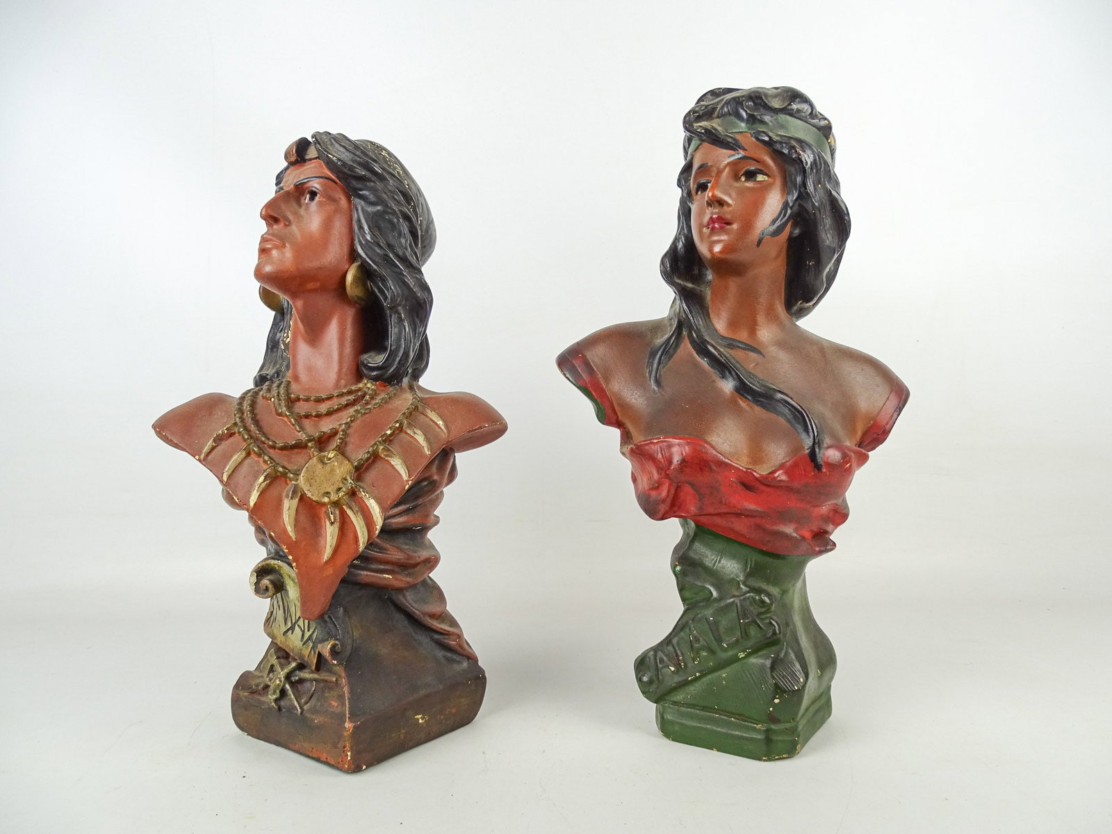 Pair of Country Store Busts: (2) Country Store Native American tobacco company busts. 13" and 14" Hts.