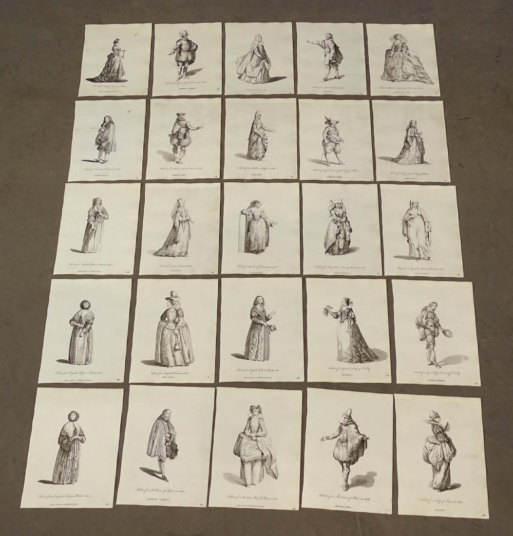 Early Print Lot: Lot of various 18th century engravings English and European aristocrats in traditional dress or costume. Thomas Jefferys, London: 1772. Includes peoples of England, Spain and Italy. 10 3/4" x 7 12". P