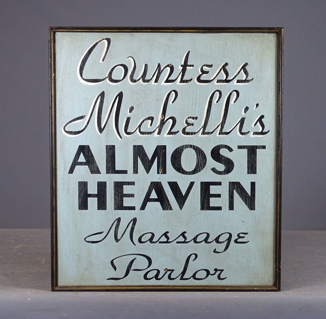 Trade Sign: Painted wooden trade sign "Countess Michelli's ALMOST HEAVEN Massage Parlor". 24" x 21".