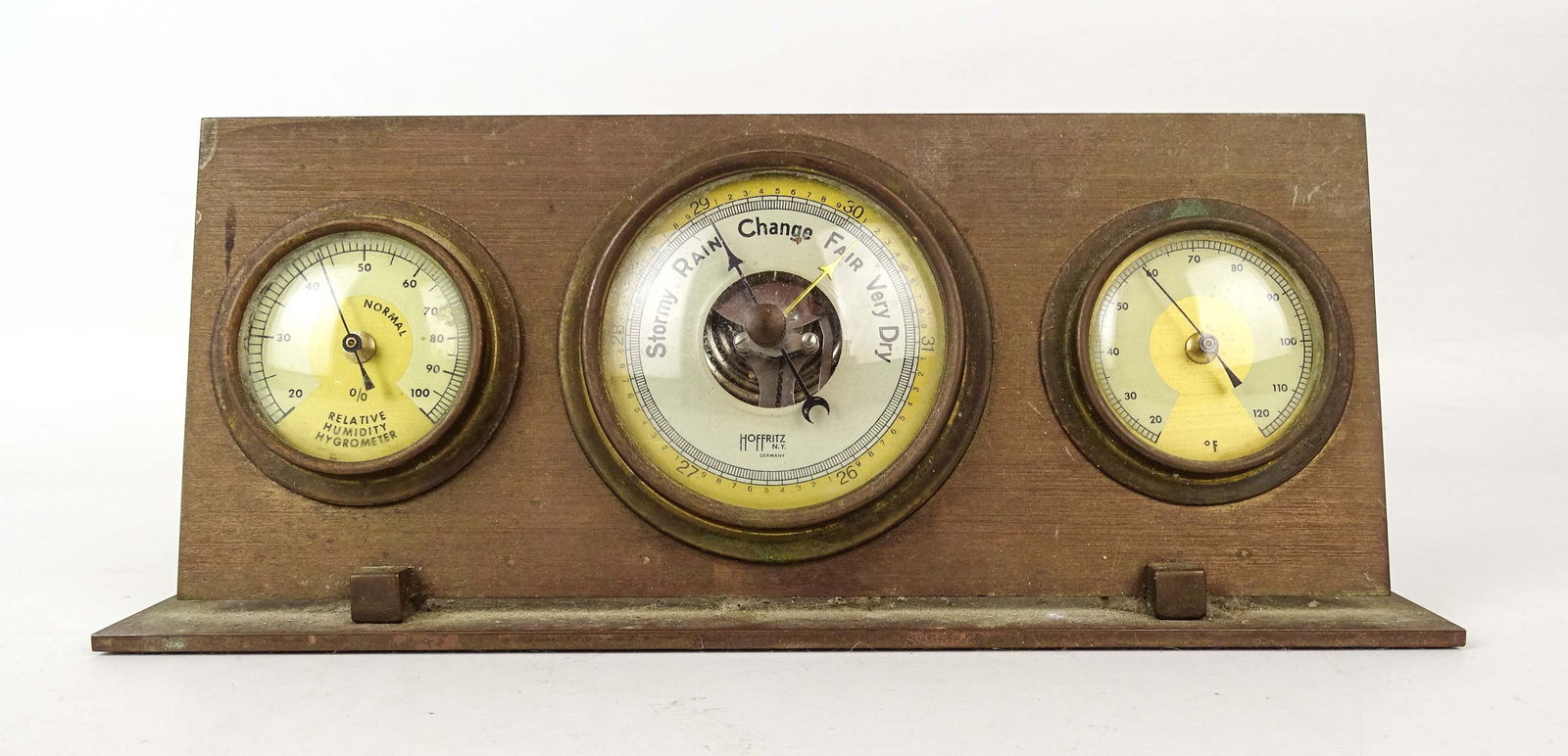 Brass Desktop Weather Station: C. 1900 brass desktop weather station. Marked "Hoffritz NY". 8" W., 3 1/2" Ht..