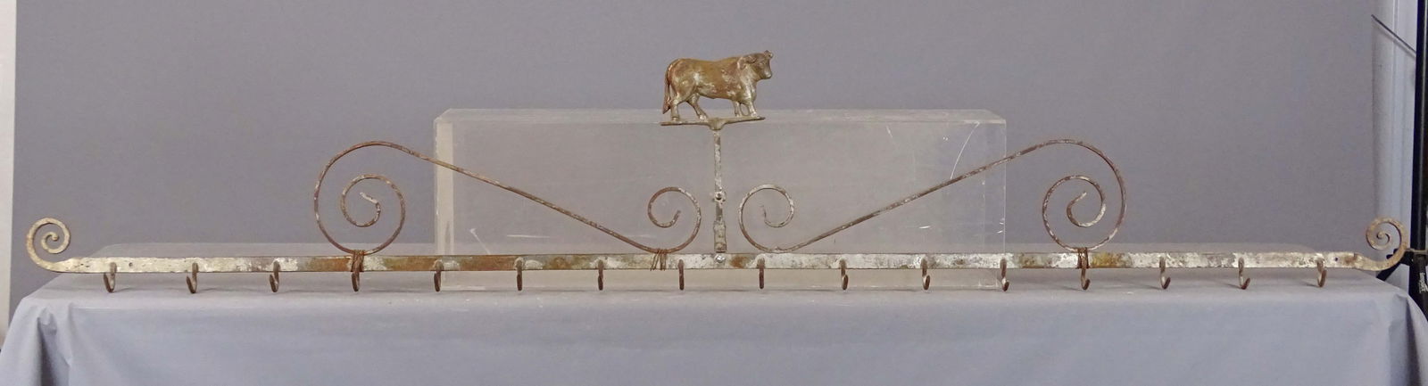 Butcher Hook Rack: Antique iron butcher hook rack / trade sign. 8' L., 15" Ht..