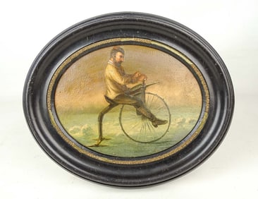 Painting: Man on High Wheel Bicycle Plow