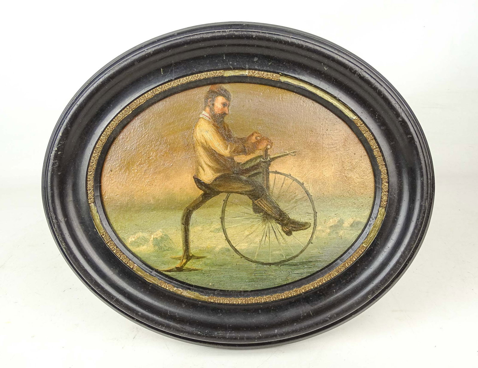 Painting: Man on High Wheel Bicycle Plow: Painting: Man on high wheel ice bicycle. Oil on panel. Overall in frame 10 1/2" x 12".