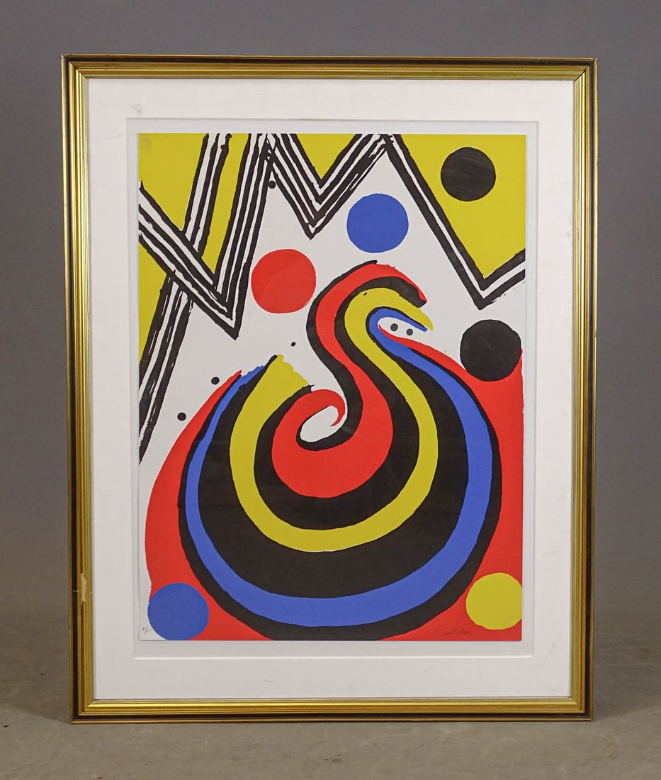 Style of Alexander Calder (1898-1976): Style of Alexander Calder (1898-1976), framed lithograph. Numbered 36/75, 29 1/2" x 22", overall 38 1/2" x 30 1/2", bears the signature of Alexander Calder.