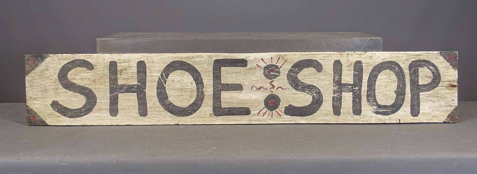 Trade Sign: Painted wooden trade sign "SHOE SHOP". 10" x 59 1/2".