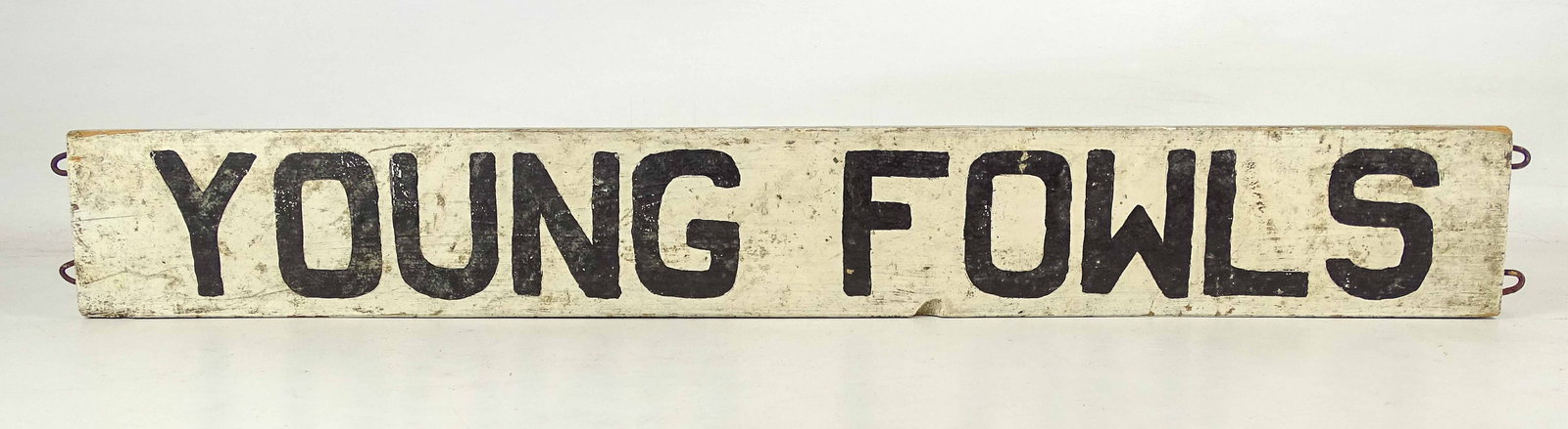 Trade Sign: Painted wooden trade sign "YOUNG FOWLS". 5" x 35".