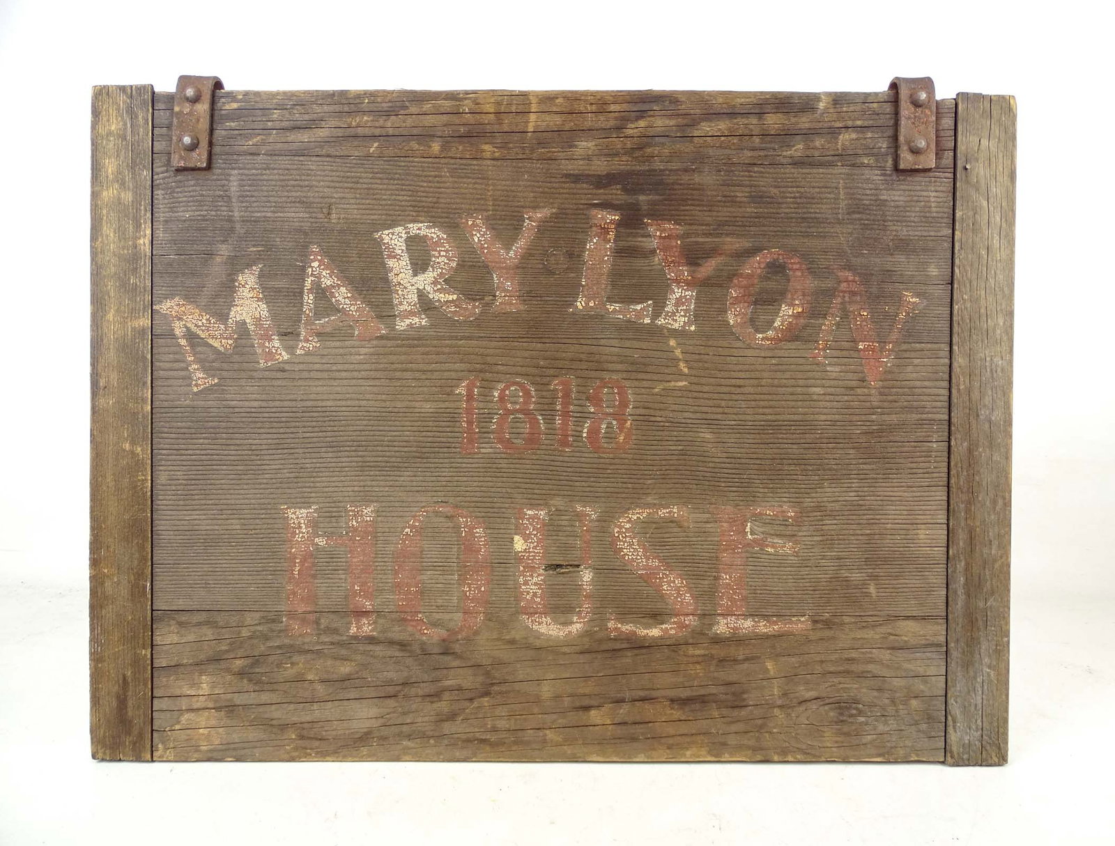 Trade Sign: Painted wooden trade sign "MARY LYON 181 HOUSE". 16" x 22".