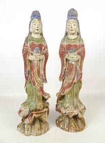 Pair Carved Wooden Asian Figures