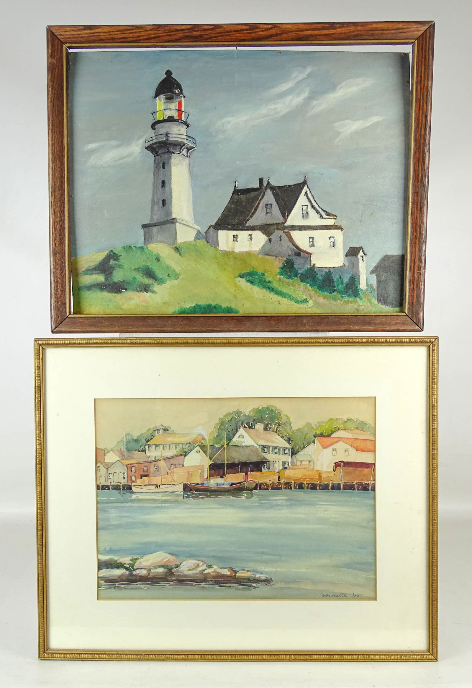 Coastal Art Lot: (2) Coastal art pieces: Harborscape watercolor "Worcester '40" (frame 16 1/2" x 20 1/2"), lighthouse oil on artist board (frame 15 3/4" x 19 1/2").