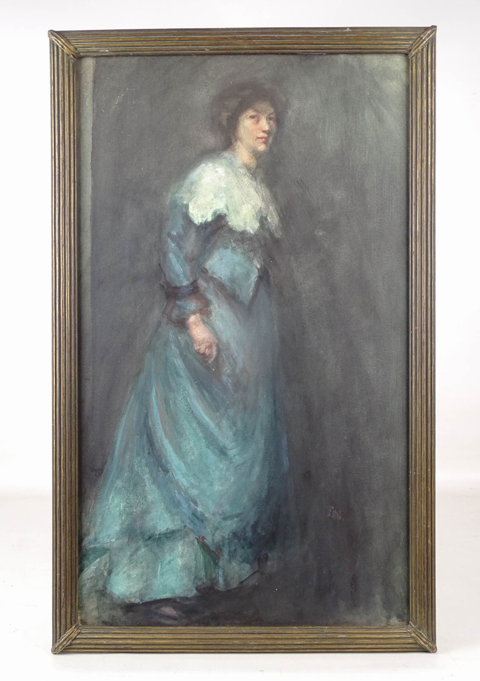 Portrait of a Woman: Portrait of a woman in a blue dress, signed "F.N.". Frame 24" x 14 1/2".