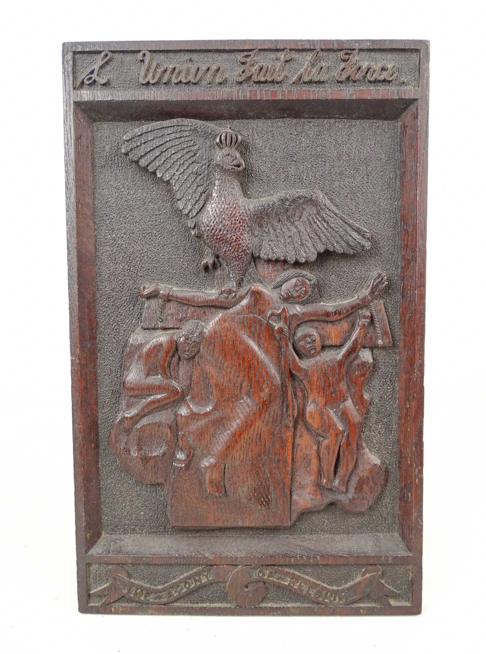 Carved Wooden Plaque: Carved wooden bas-relief plaque, titled "The Agony of Belgium"... "L Union Fait La Force". 12 1/2" x 7 3/4".