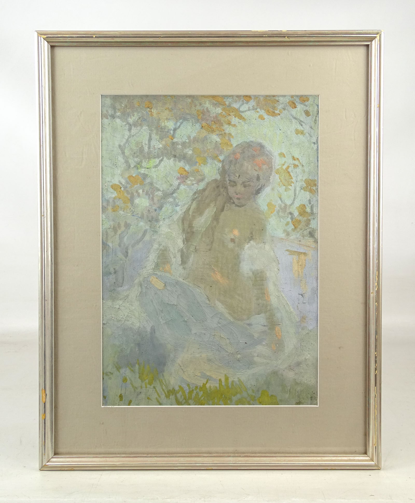 Painting: Style of Atruro Michelena: Painting: Style of Atruro Michelena. Impressionist figure in landscape. Oil on canvas. Sight 13 1/2" x 9 1/2".