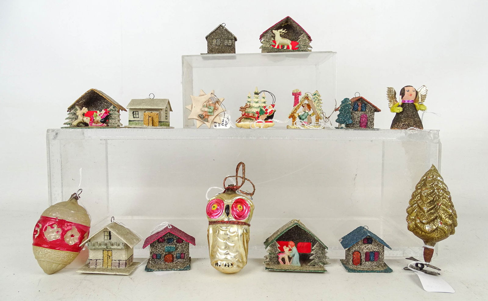 Christmas Lot: Christmas ornaments including: Mica covere houses (some Czech, Japan), porcelain (Goebel?), German, Japanese, owl, top, tree.