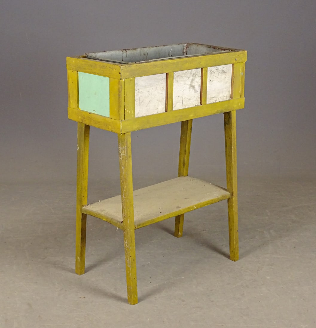 Flower Planter: Planter with metal insert, mustard yellow paint. 21" x 10 1/2", 29" Ht.