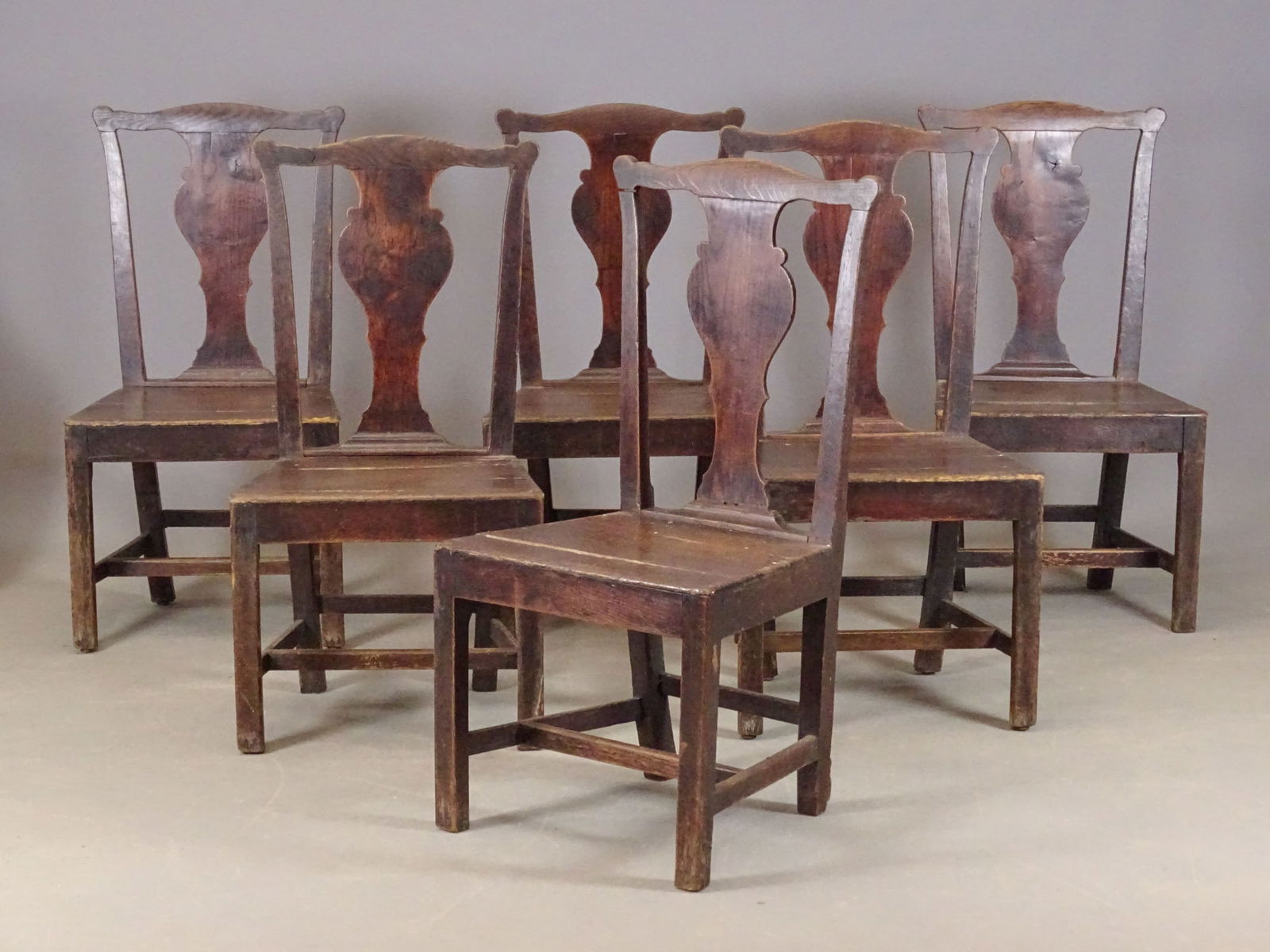 Set of (6) 19th c. English Dining Chairs: Set of (6) 19th c. English oak plank seat dining chairs. 17 1/2" seat Ht., 39" overall Ht..