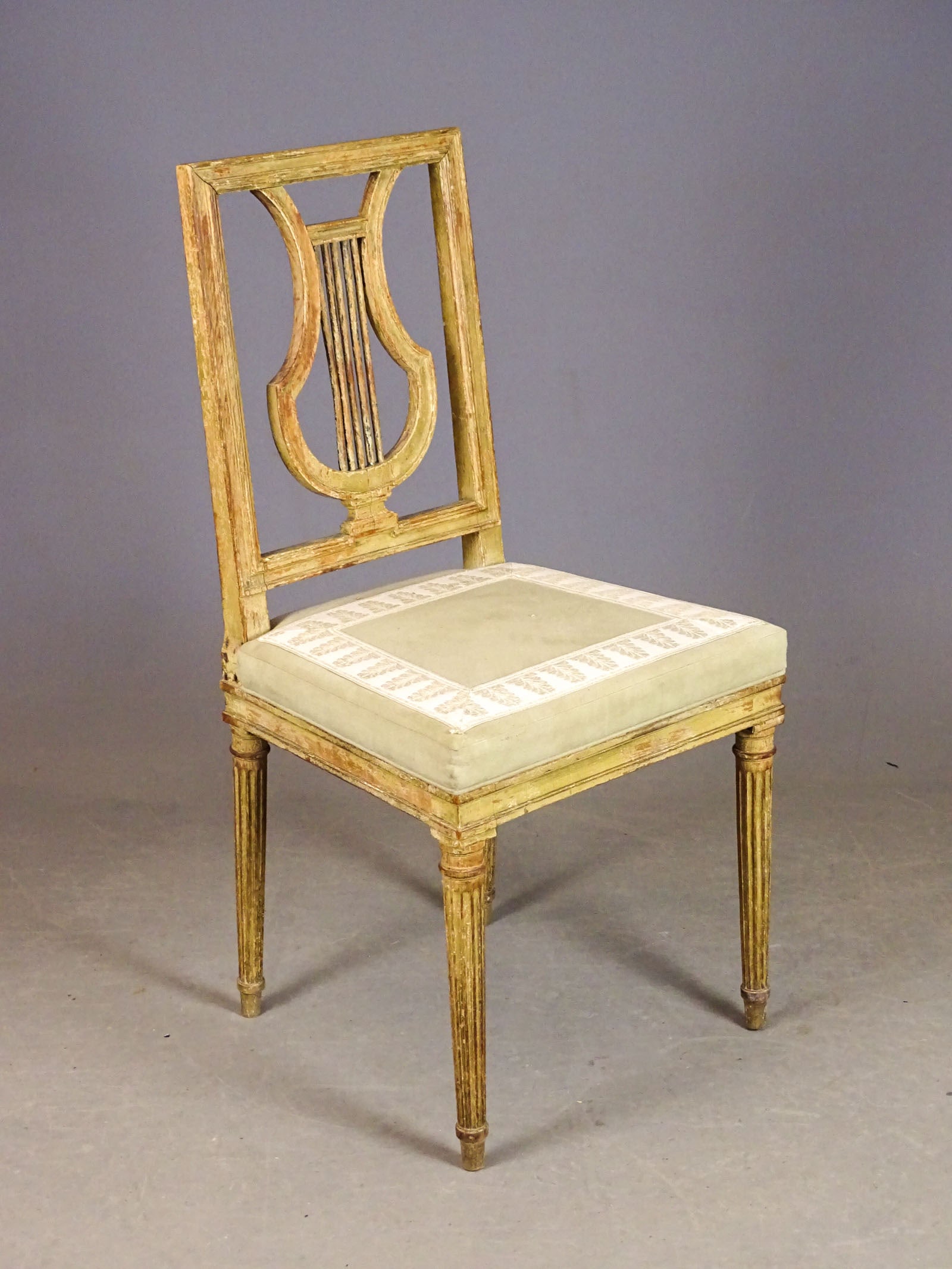 Early French Chair: Early French side chair. Lyre back. 19" seat Ht., 37" overall Ht..