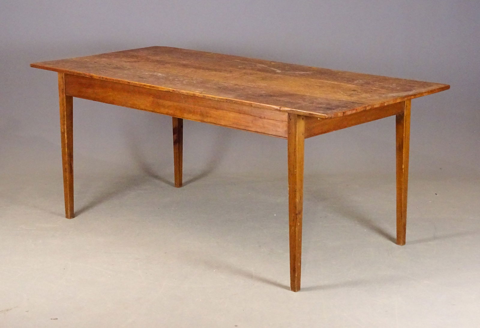 Farm Table: Primitive tapered leg farm table. 73" x 33 1/2" x 30 1/2" overall Ht..