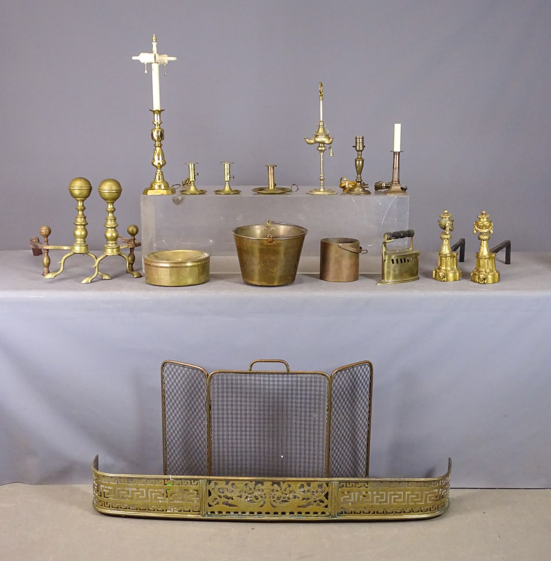 Fireplace Lot: Lot including pair of French andirons with figural heads (10 1/2" Ht., 16" D.), pair brass balltop andirons (14" Ht., 22" D.), fireplace screen (23" Ht.), spittoon, brass bucket, brass bowl, candlesti