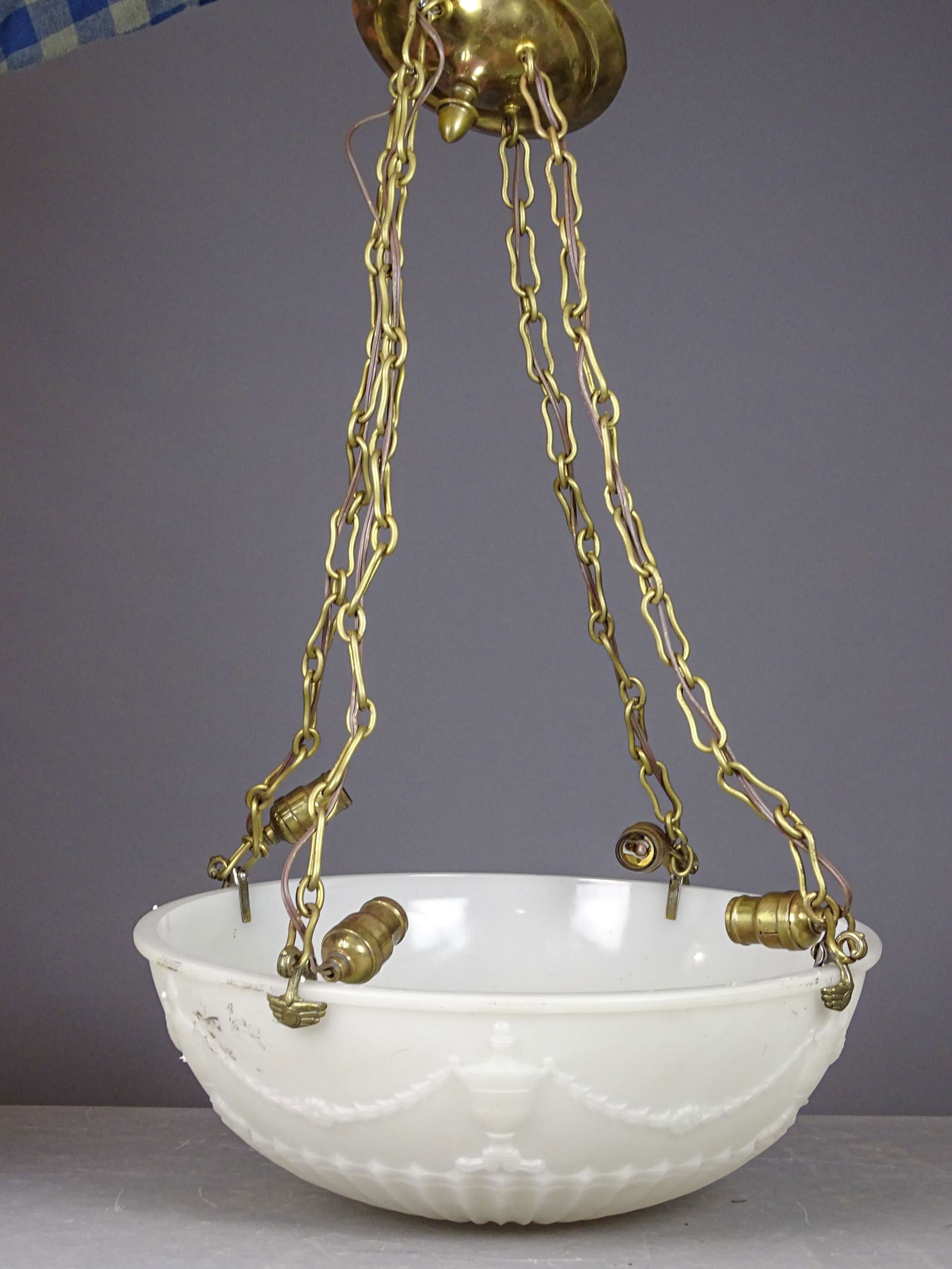 Glass Hanging Shade: Glass hanging dome shade. 20" D., 7" Ht..