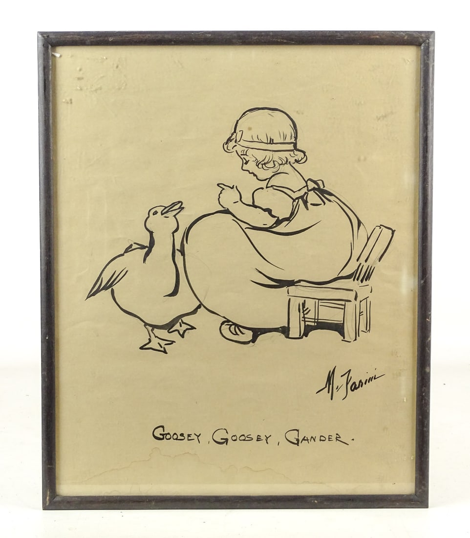Illustration Signed Fanini: Original illustration "Goosey, Goosey, Ganer", signed M. Fanini. Overall in frame 16 1/2" x 13 1/2".