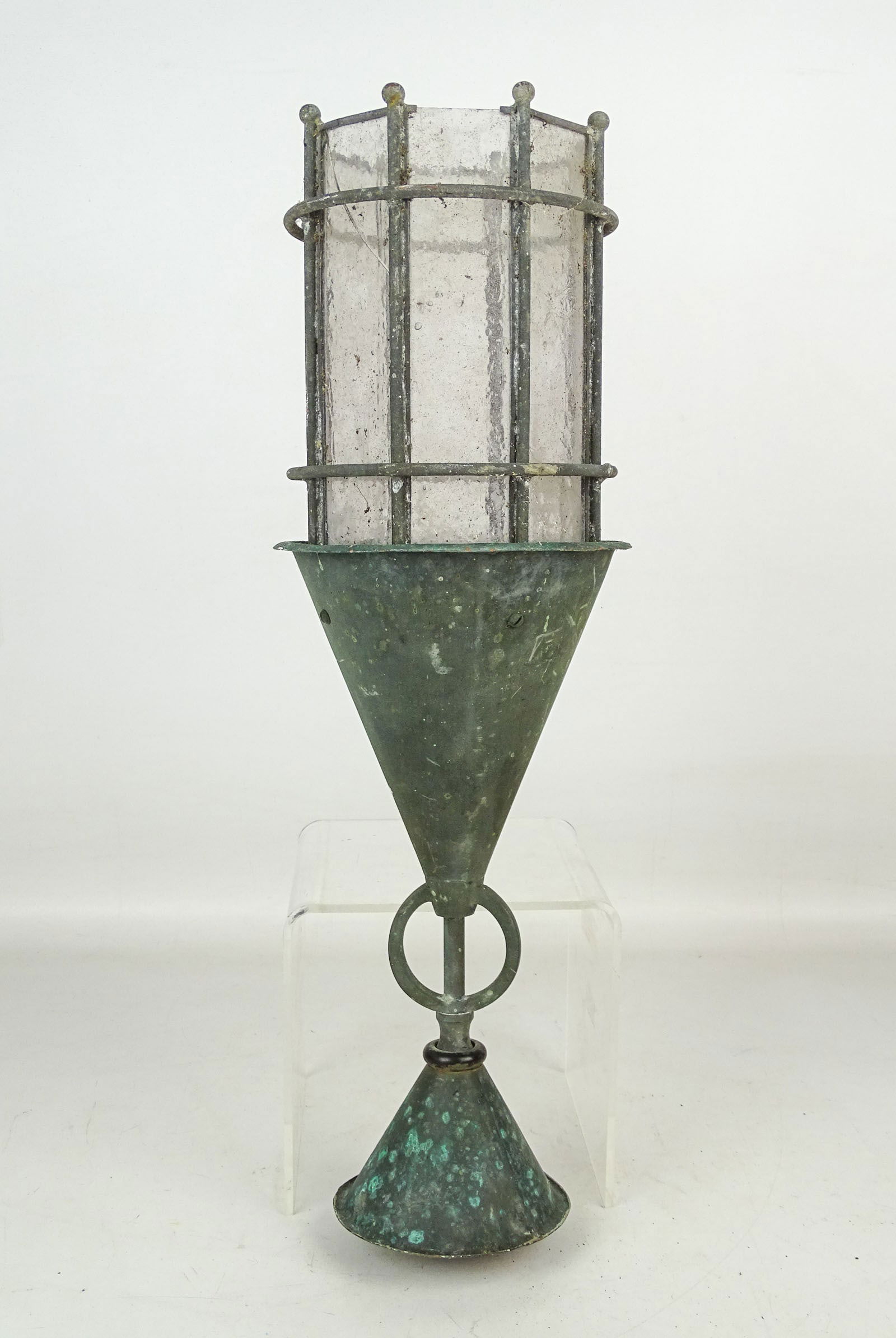 Vintage Hanging Copper Lantern: Vintage hanging copper lantern. One panel cracked. 19" Ht..