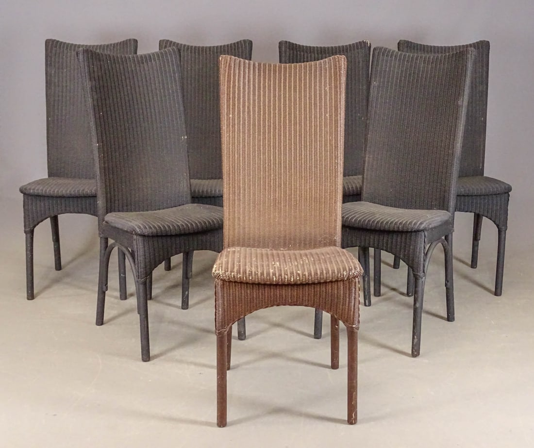 Set of Loom Patio Chairs: Set (7) "Loom USA Polia" patio chairs, one chair is brown the rest are matte black. 19 1/2" seat Ht., 42" Ht.