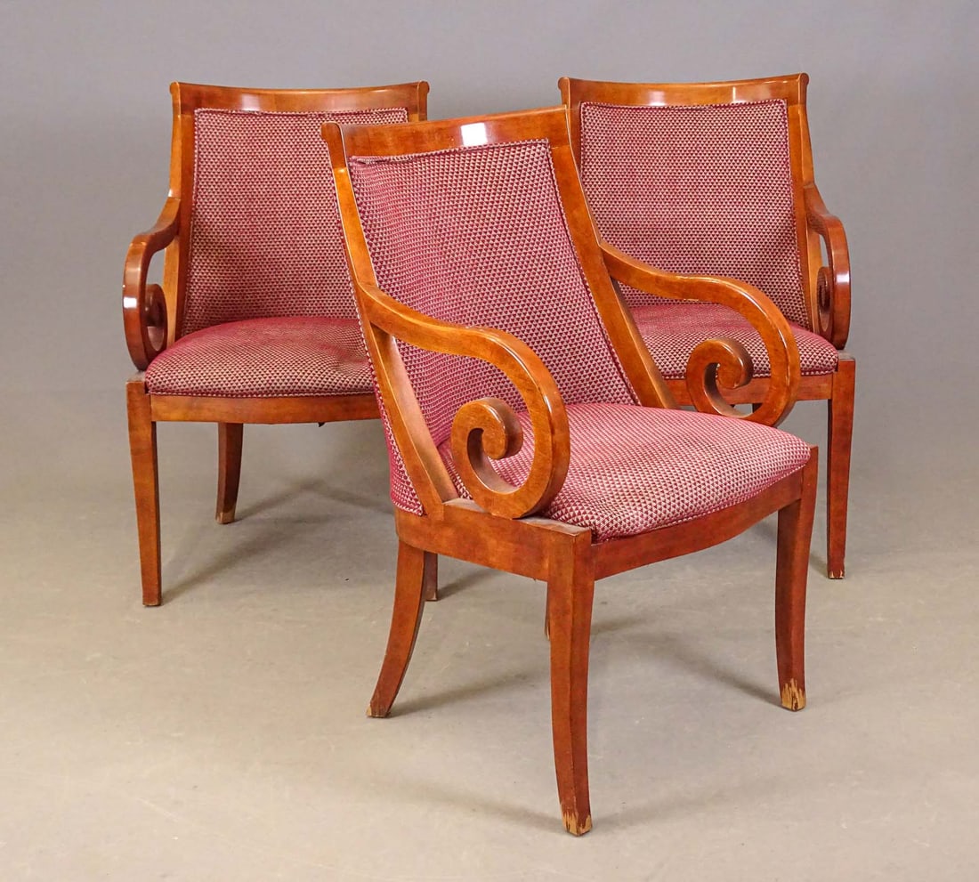 Set Mahogany Arm Chairs: Set (3) Councill Co. mahogany French scrolled arm chairs. 18" seat Ht, 36" Ht.