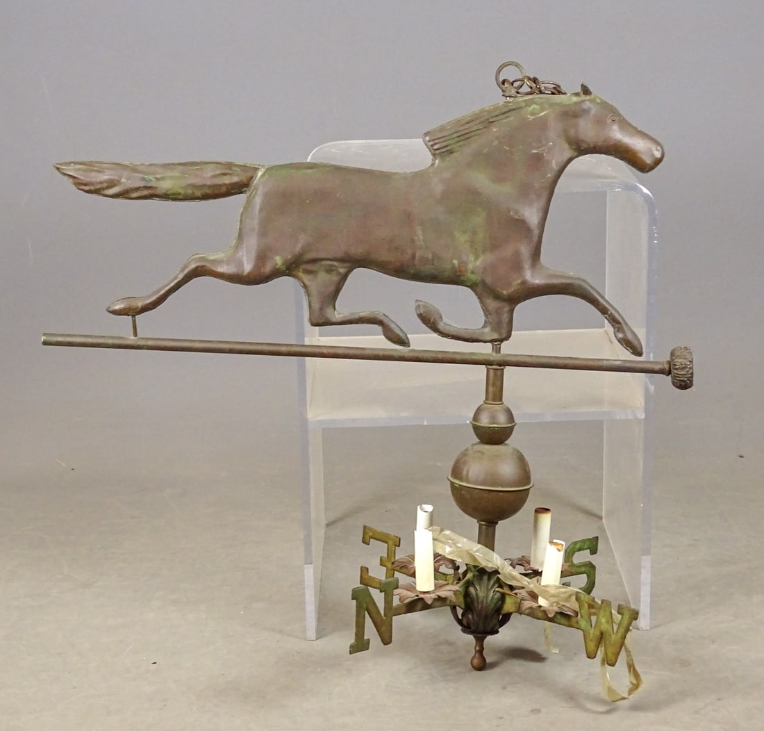 Horse Weathervane Chandelier: Horse weathervane converted to a chandelier. 33" W., 30" Ht..