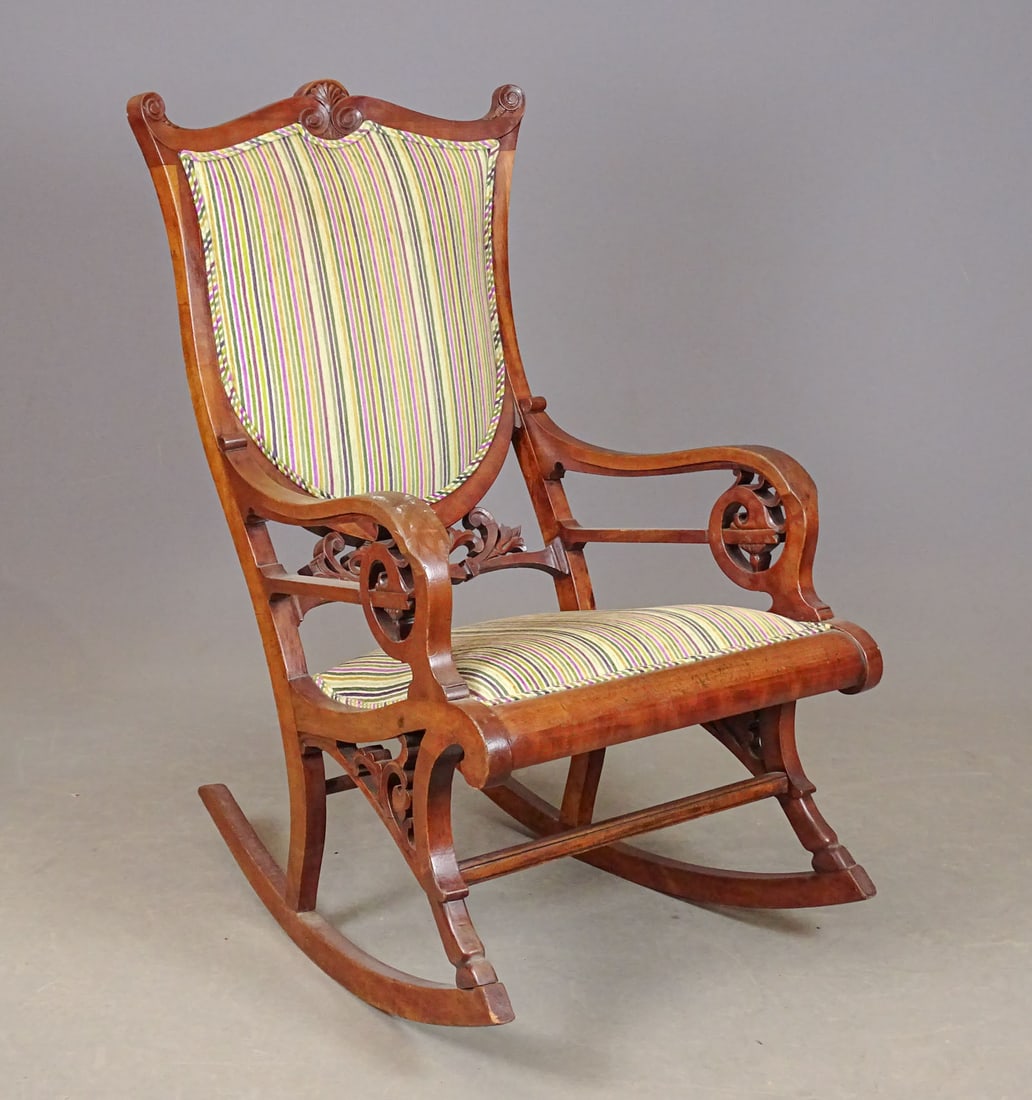 19th c. Victorian Rocking Chair: 19th c. walnut upholstered Victorian rocking chair. 18" seat Ht. 42" overall Ht..